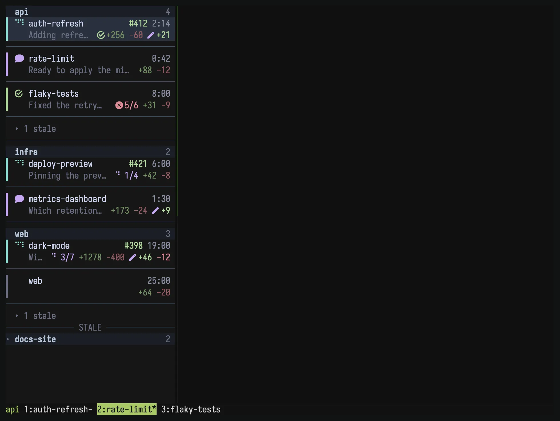Sidebar grouped by project, with stale agents folded